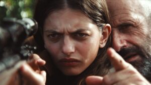 A young women looks down the scope of a rifle.