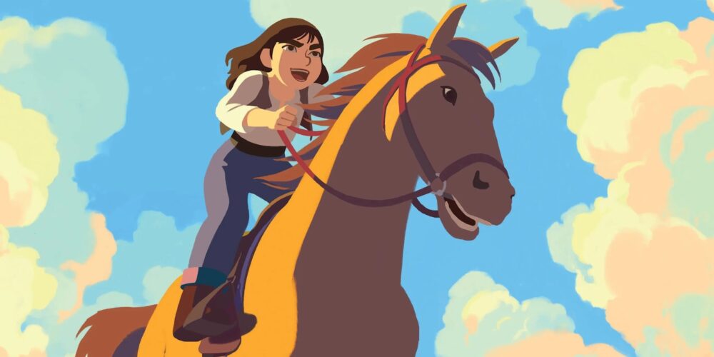 Animated scene of a spirited young girl with short brown hair riding a horse across the wild frontier.