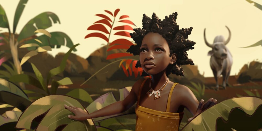 Animated scene of a young African girl standing in the wilderness with a bison behind her.