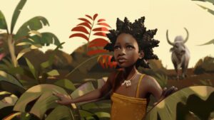 Animated scene of a young African girl standing in the wilderness with a bison behind her.