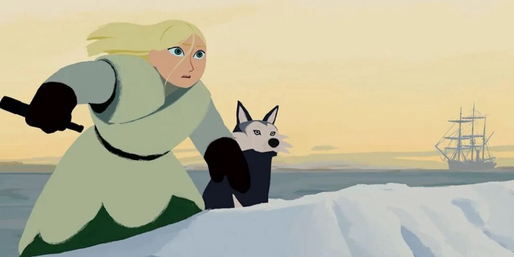 Animated scene of a young blonde girl and her black-and-white dog trekking across snowy mountains, with a ship visible on the horizon.