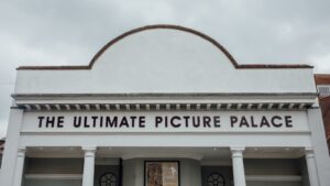 The top of the UPP building, with sky above