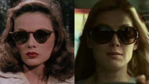 Gene Tierney as Ellen in Leave Her to Heaven, alongside Rosamund Pike as Amy Dunne in Gone Girl. Both wear classic, rounded, tortoise shell sunglasses