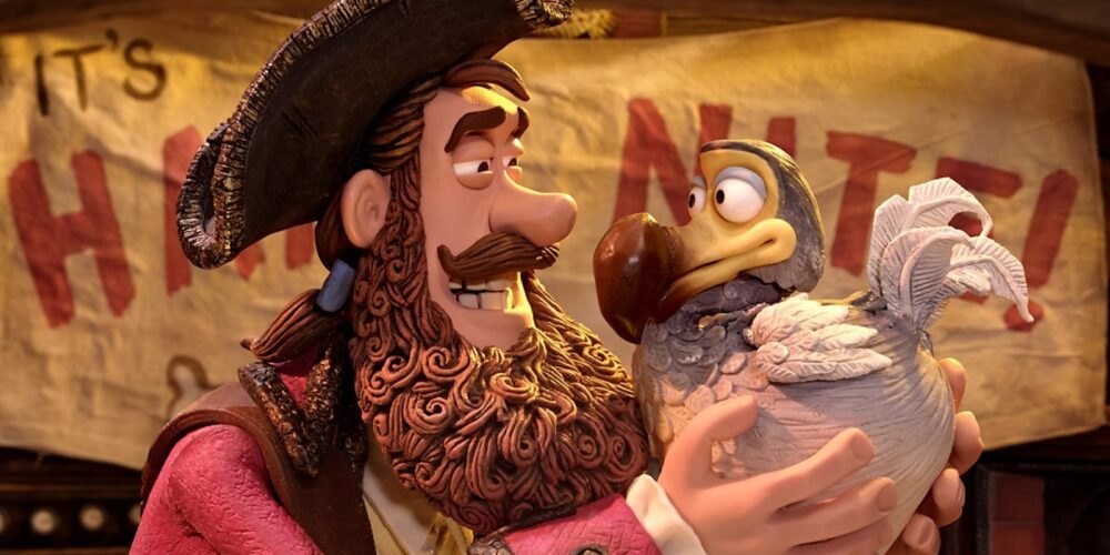An animated pirate holds a parrot
